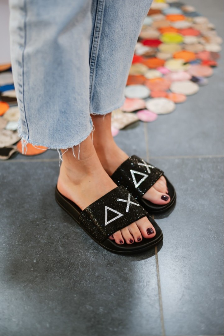 SUN68 SLIPPERS STRASS LOGO NERO